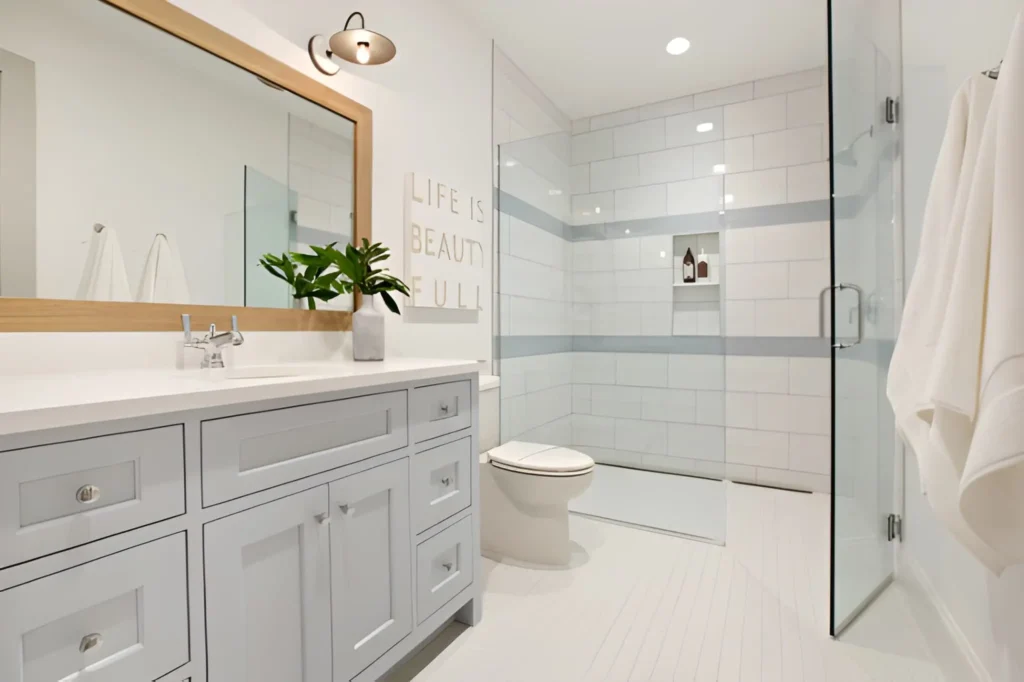 Small bathroom transformed with smart, space-saving shower remodeling solutions.